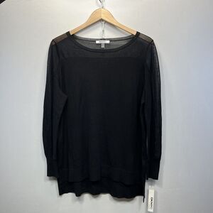 DKNY Sweater Women's 1X  Black Long Sheer Sleeve and Neck High Low Lightweight